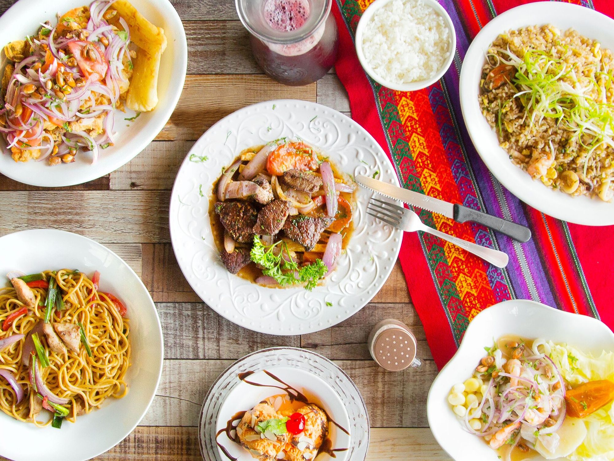 A spread of Peruvian dishes