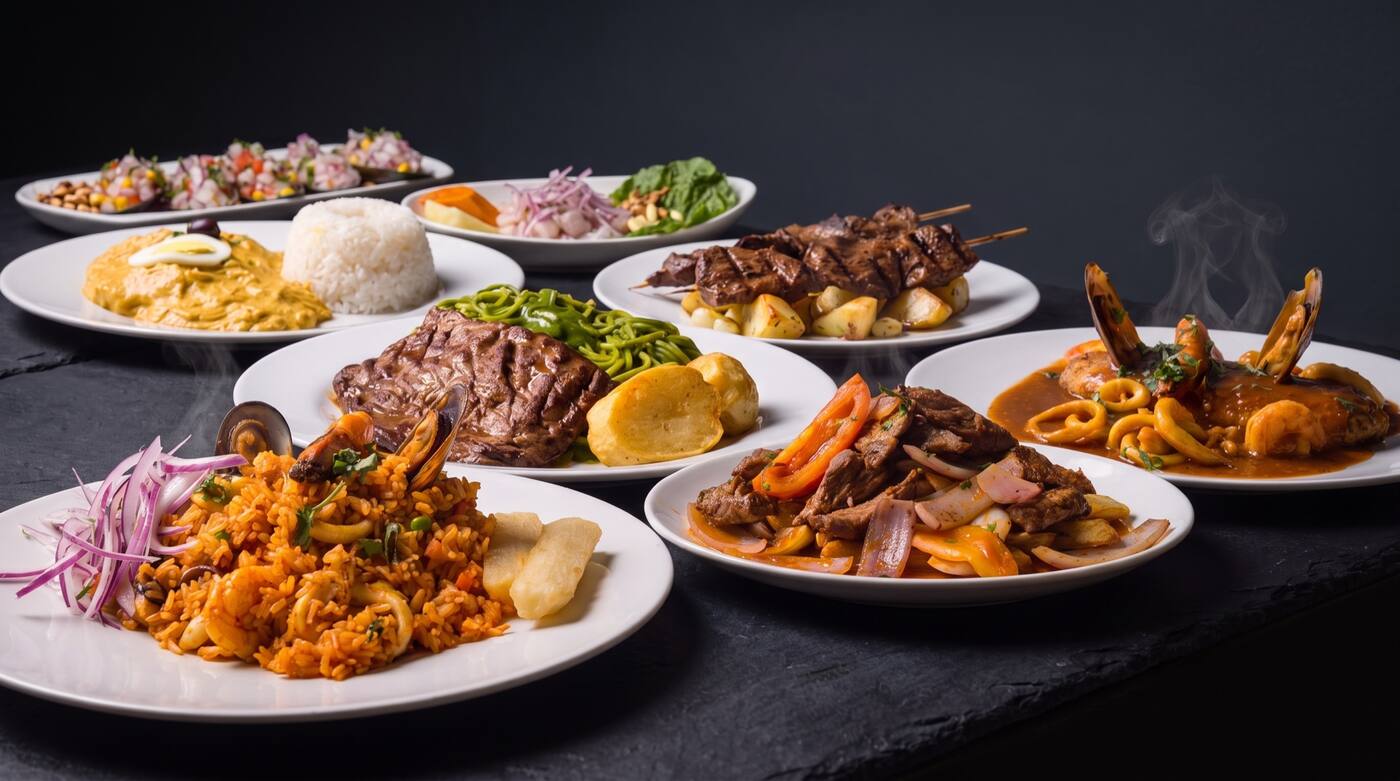 A spread of Peruvian dishes