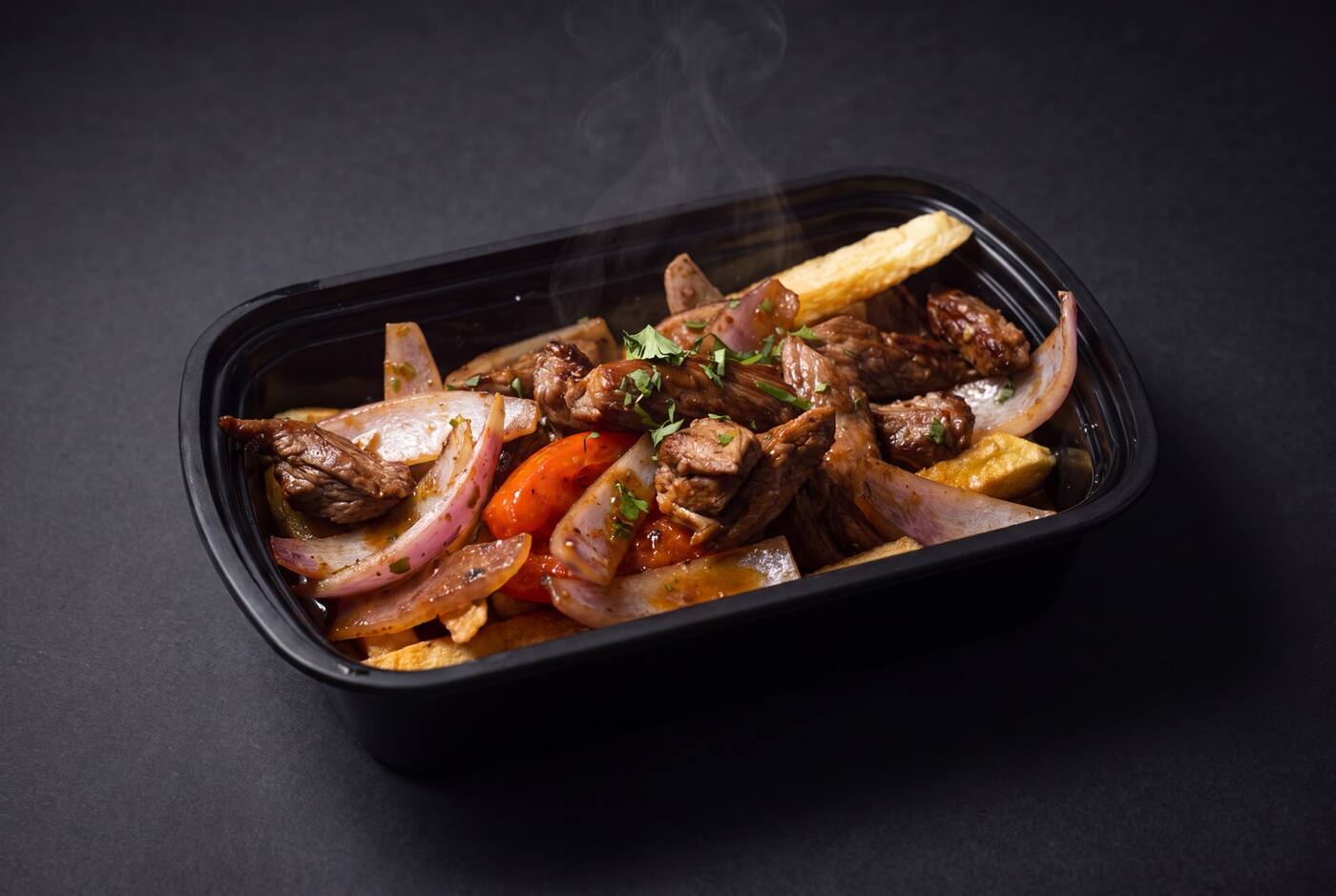 Lomo saltado packed for delivery